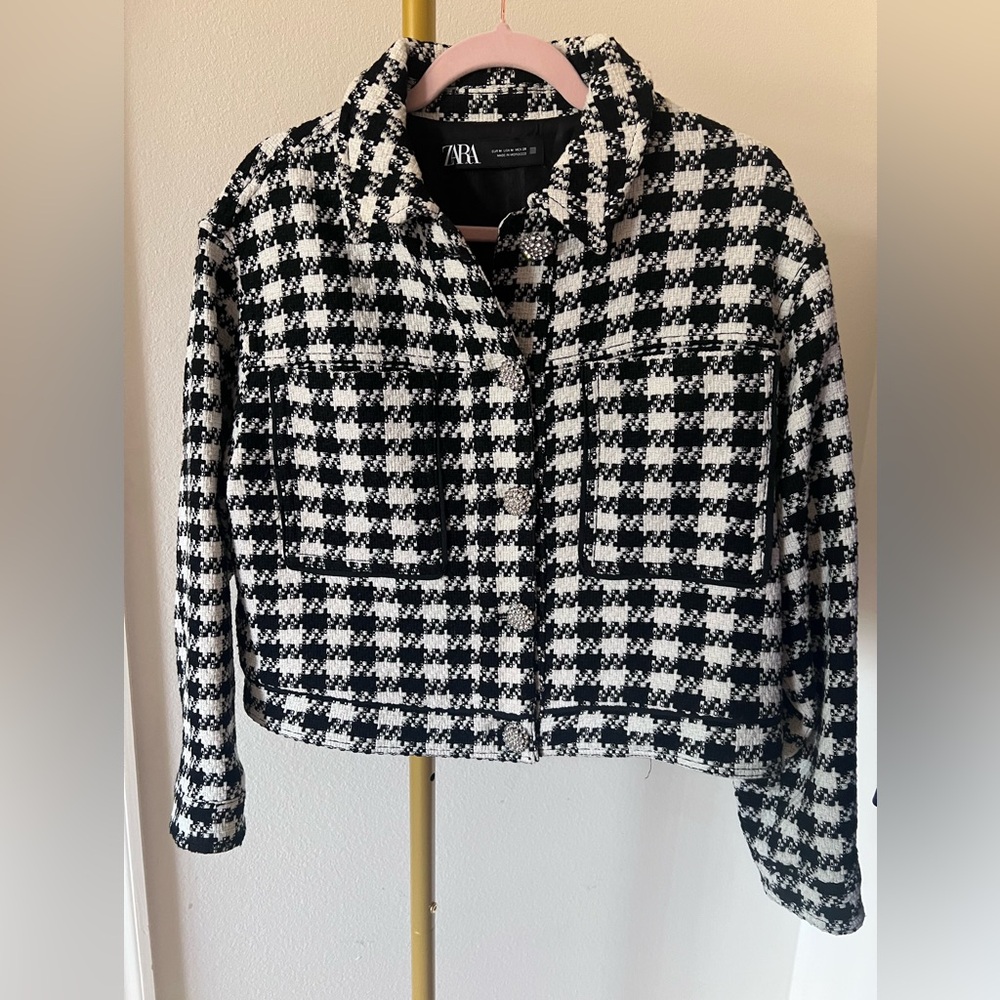 Zara Women's Black & White Houndstooth Crop Rhinestone Blazer Women MED - EUC